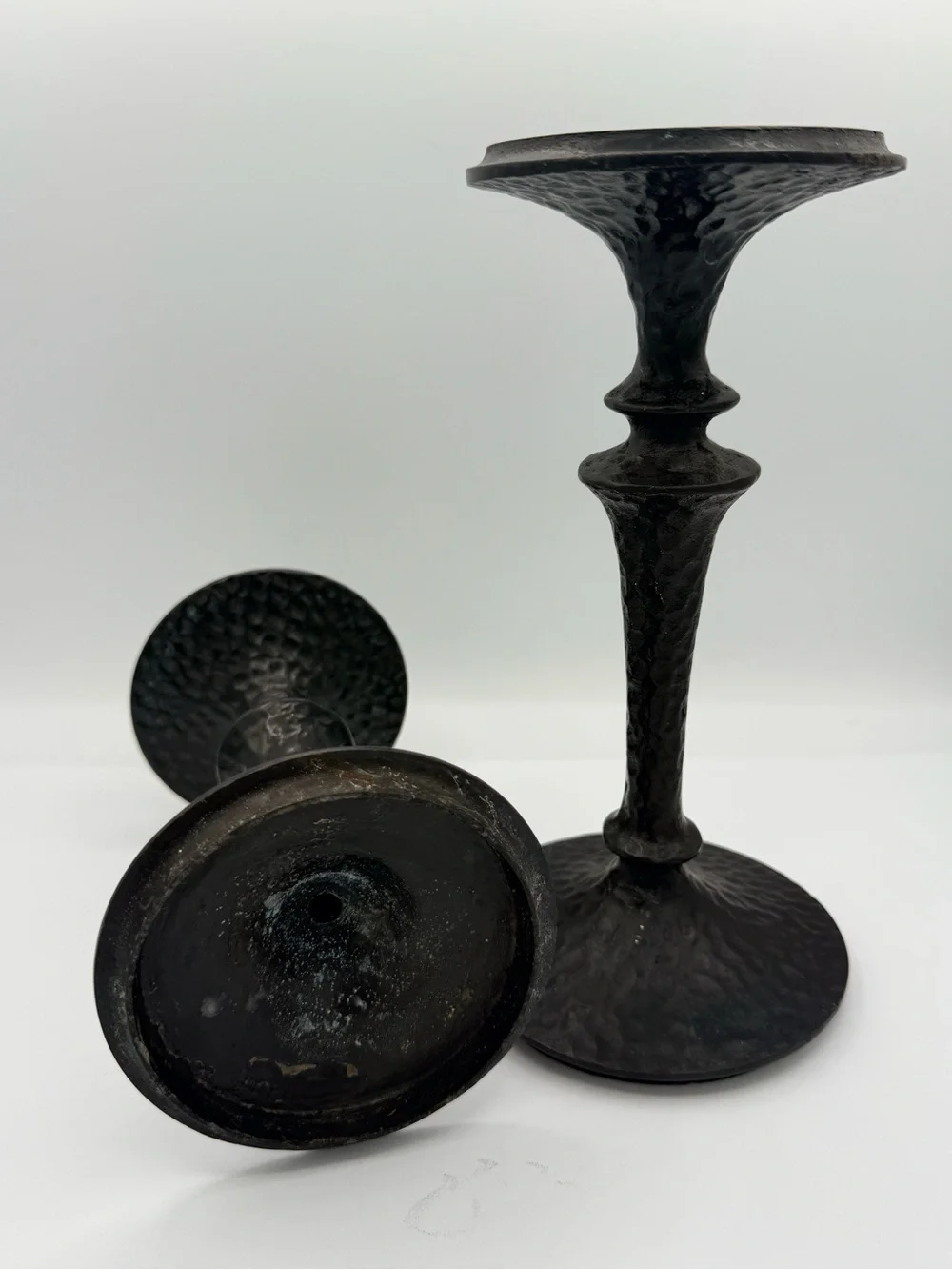 Pottery Barn Black Hammered Metal Pedestal Candle Holders, Set of 2